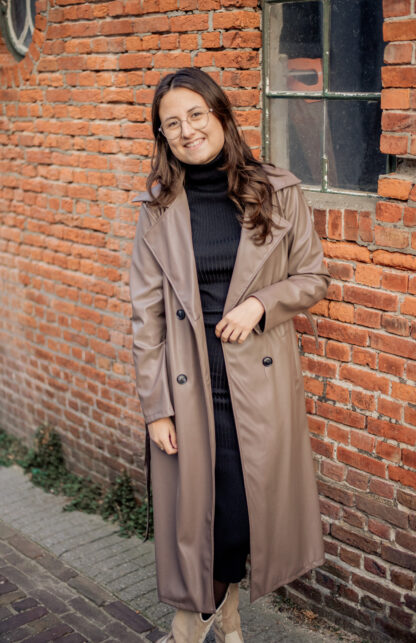 Leren trenchcoat taupe - Afbeelding 2